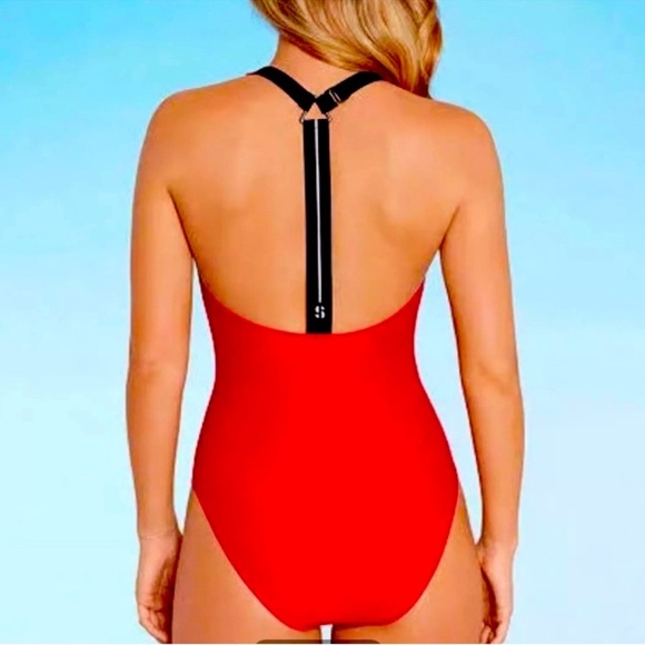 Sports Illustrated Red High Neck One Piece Swimsuit T Back Size S - Picture 1 of 6